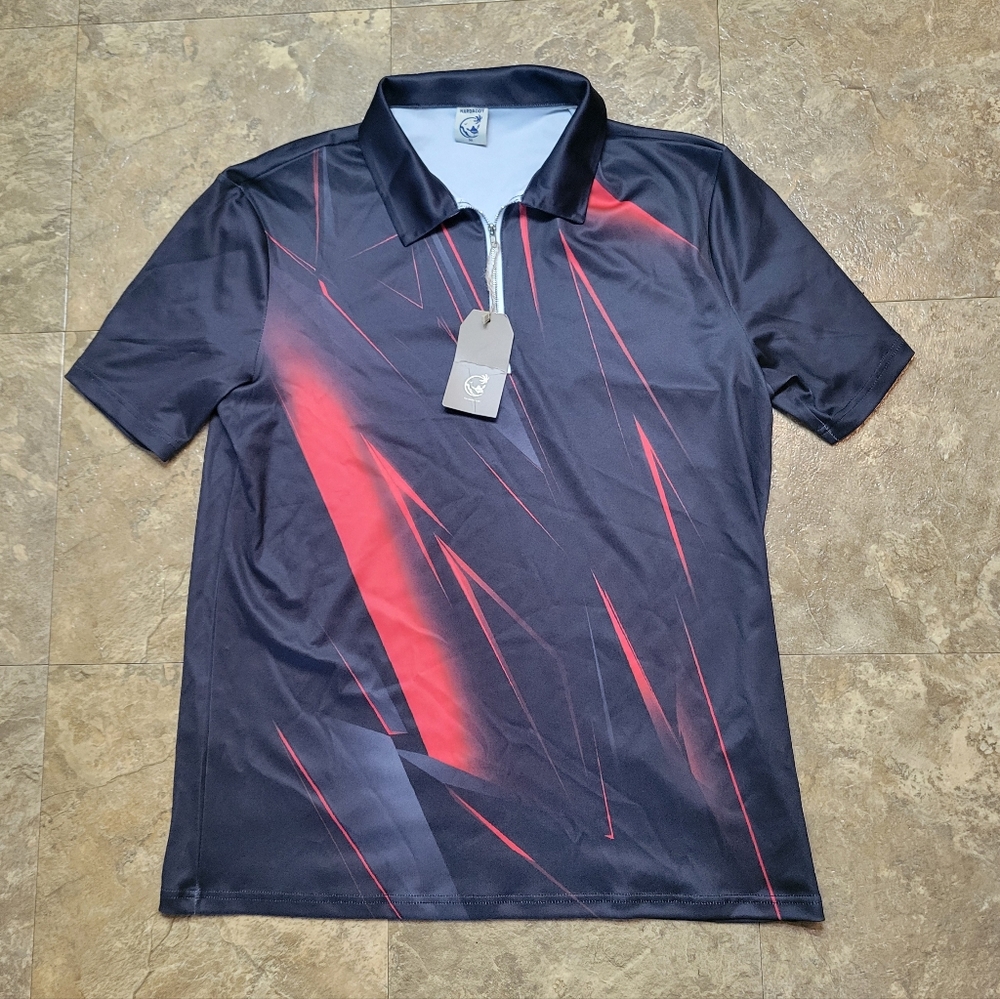 Hardaddy Shirt Mens Medium M Black Red Short Sleeve 1/4 Zip Collared Resortwear